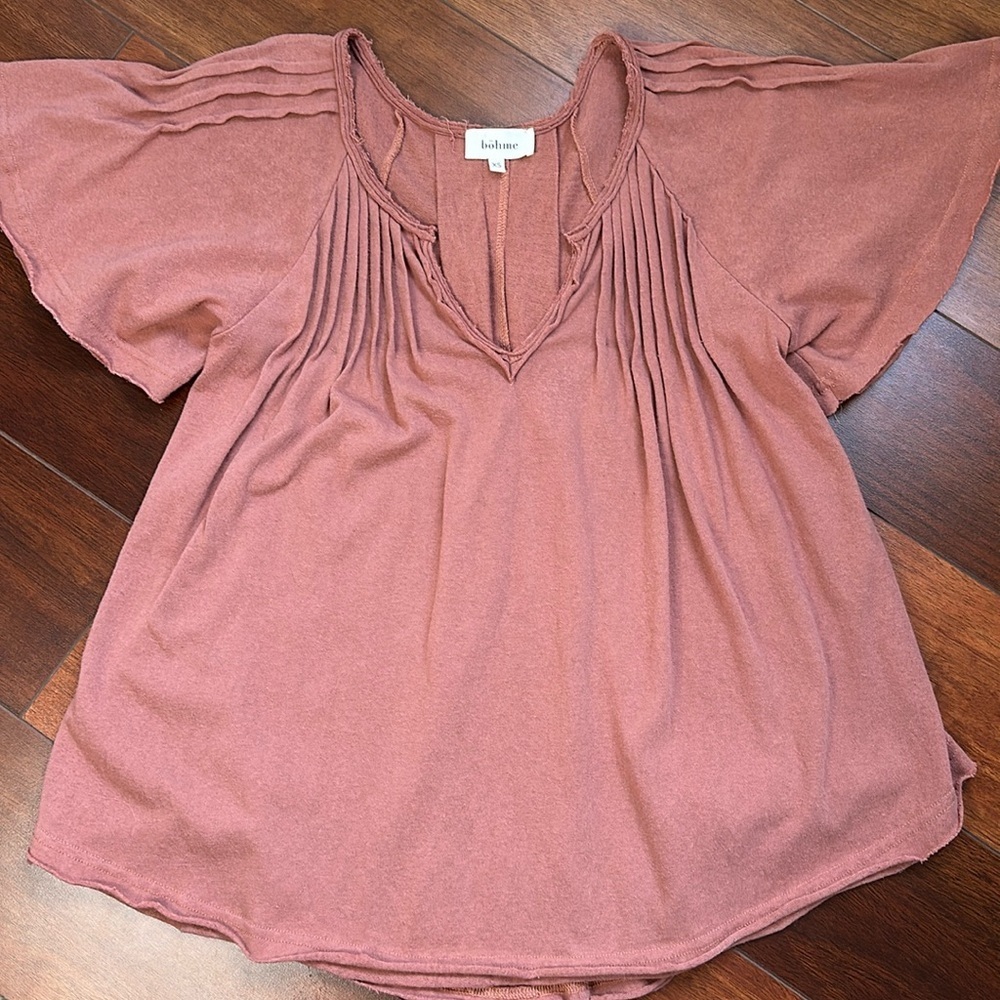 Bohme XS Dusty Rose Boho Top Pleated Neck Flutter Sleeve Lightweight - Picture 2 of 9